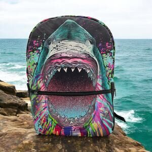 Mojo Backpacks Great White Shark Color Spatter Drip Canvas Outer Pockets 16x11x6